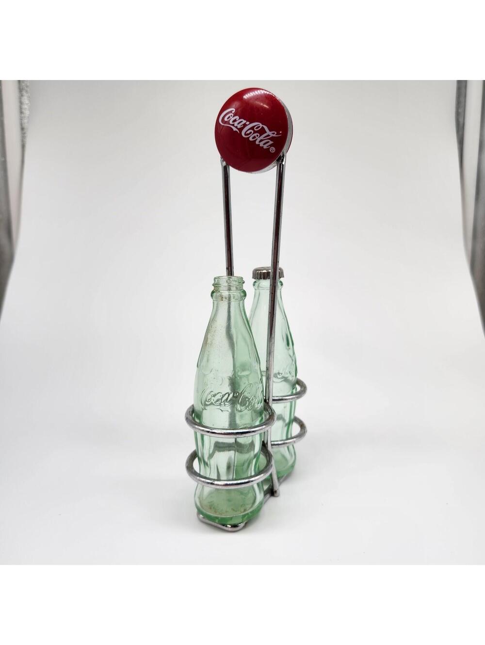 Vintage Coca Cola Salt & Pepper Shakers Glass Bottle Metal Caddy Set